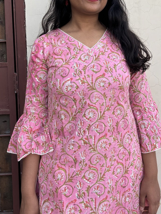 Saachi Hand Block Printed A Line Midi Dress with Lace Detailing