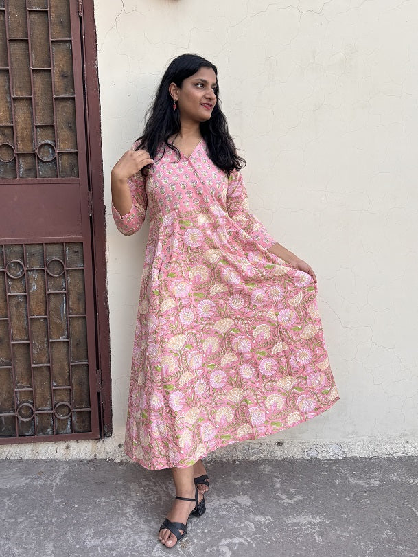 Nalini Hand Block Printed A Line Maxi Patch Dress