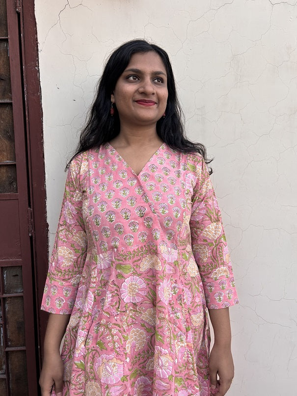 Nalini Hand Block Printed A Line Maxi Patch Dress