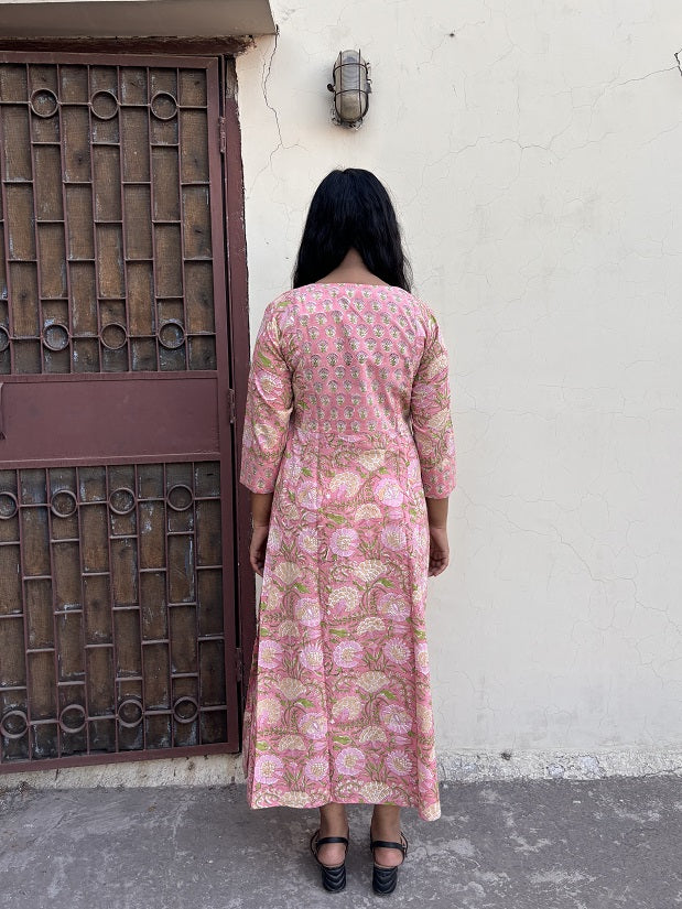 Nalini Hand Block Printed A Line Maxi Patch Dress