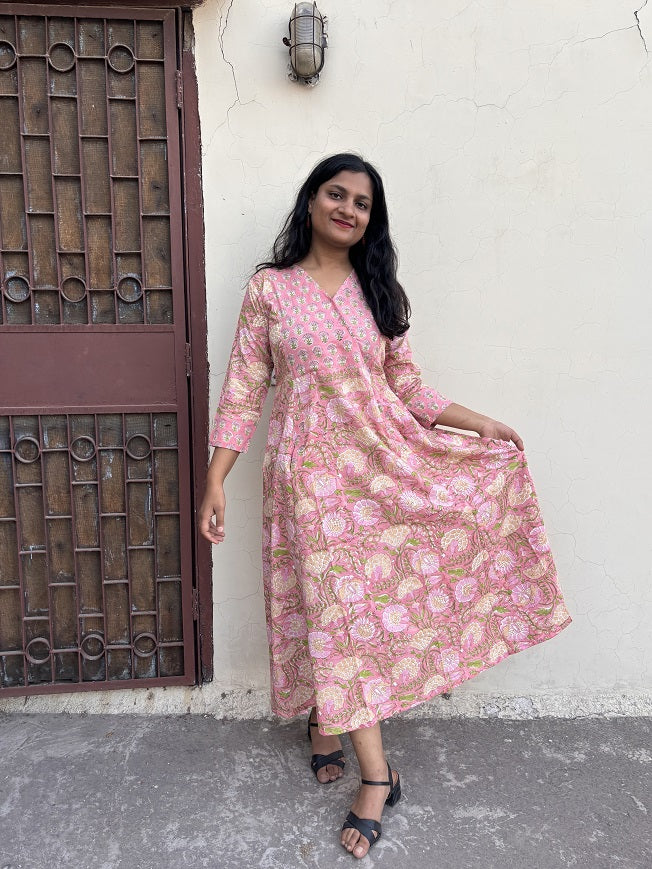 Nalini Hand Block Printed A Line Maxi Patch Dress