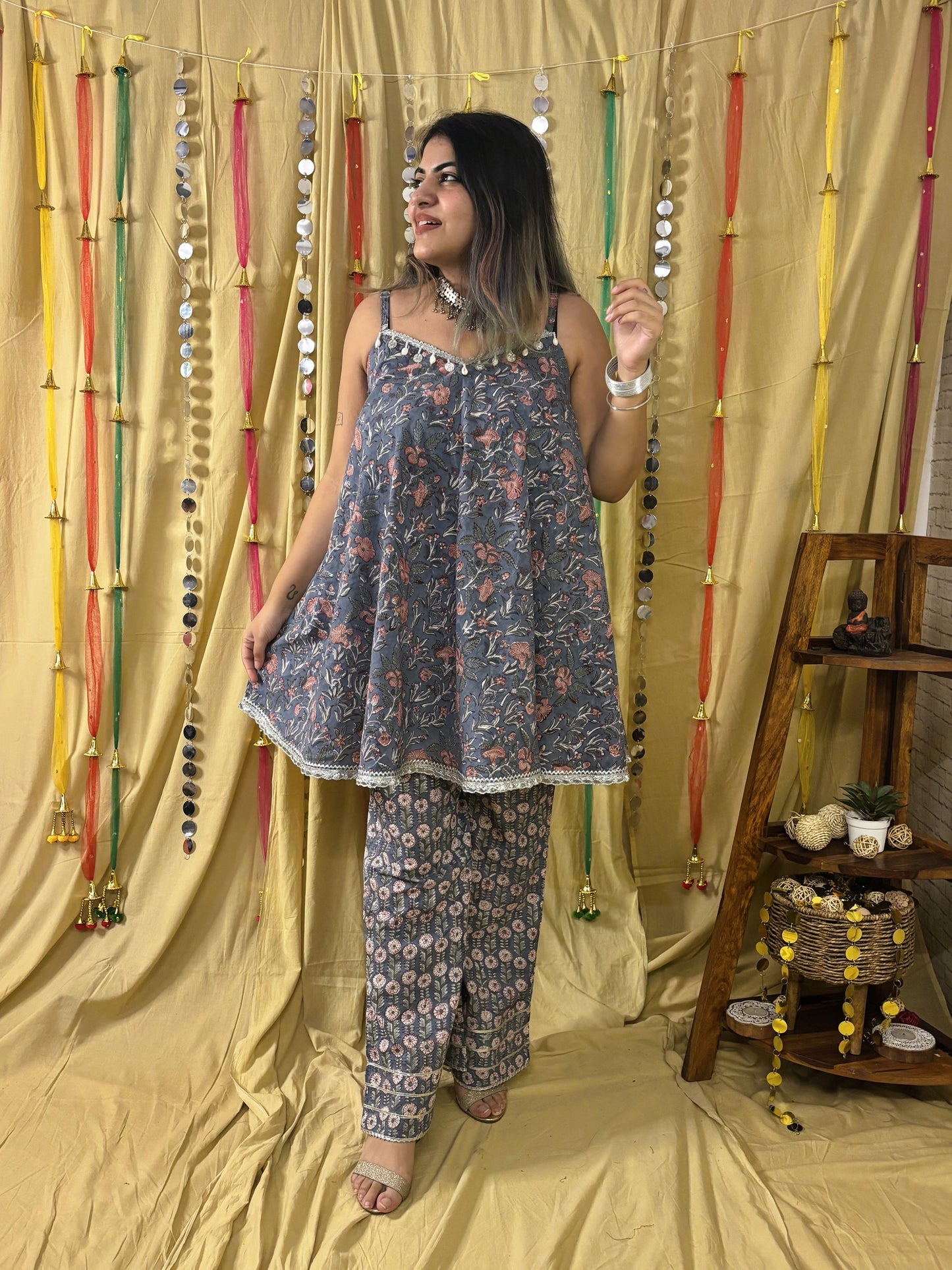 Nilofer Hand Block Printed Flared Top with Fit Flare Pants