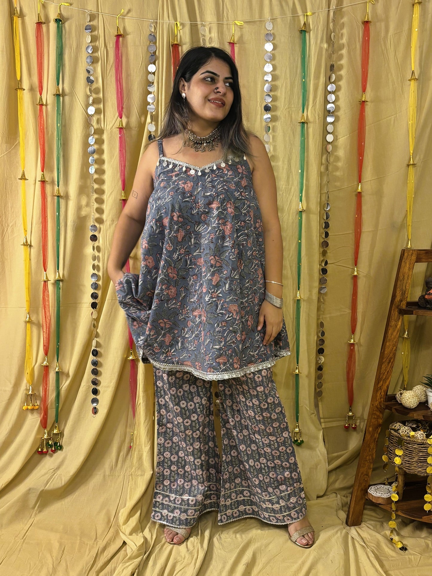 Nilofer Hand Block Printed Flared Top with Fit Flare Pants