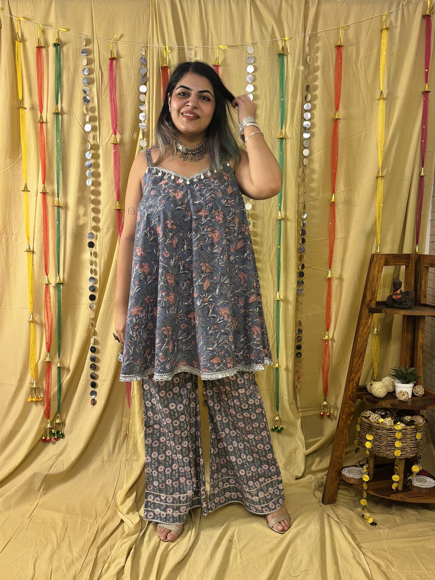Nilofer Hand Block Printed Flared Top with Fit Flare Pants