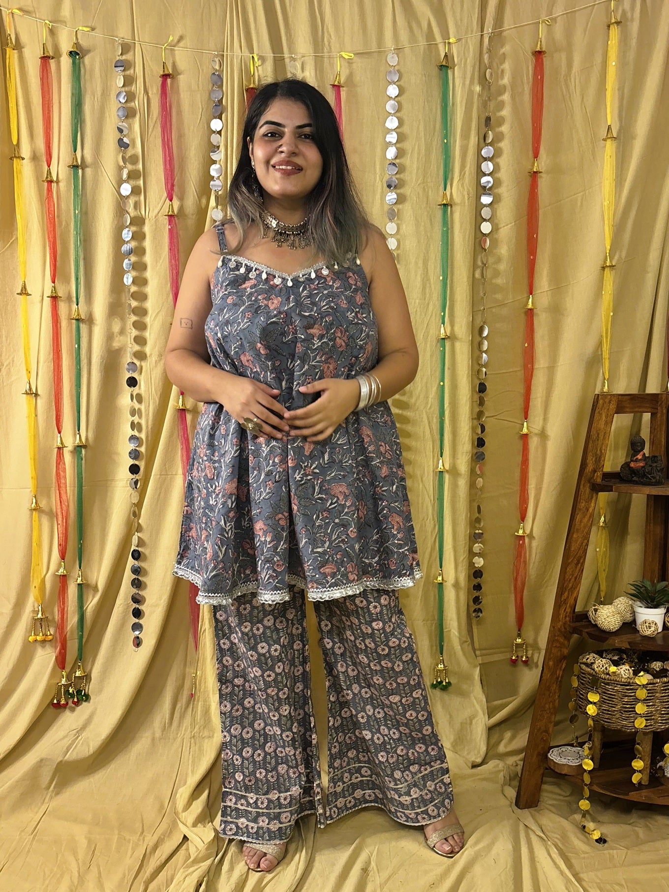 Nilofer Hand Block Printed Flared Top with Fit Flare Pants