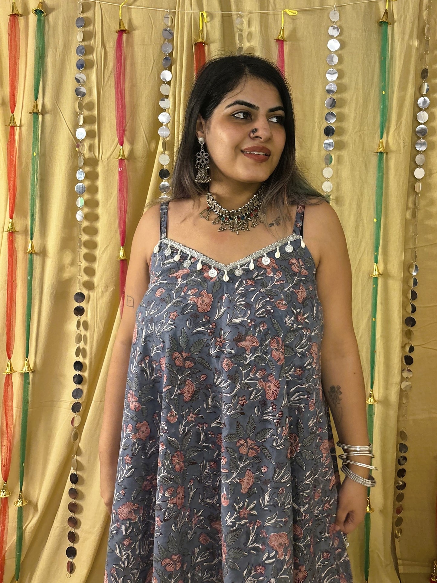 Nilofer Hand Block Printed Flared Top with Fit Flare Pants