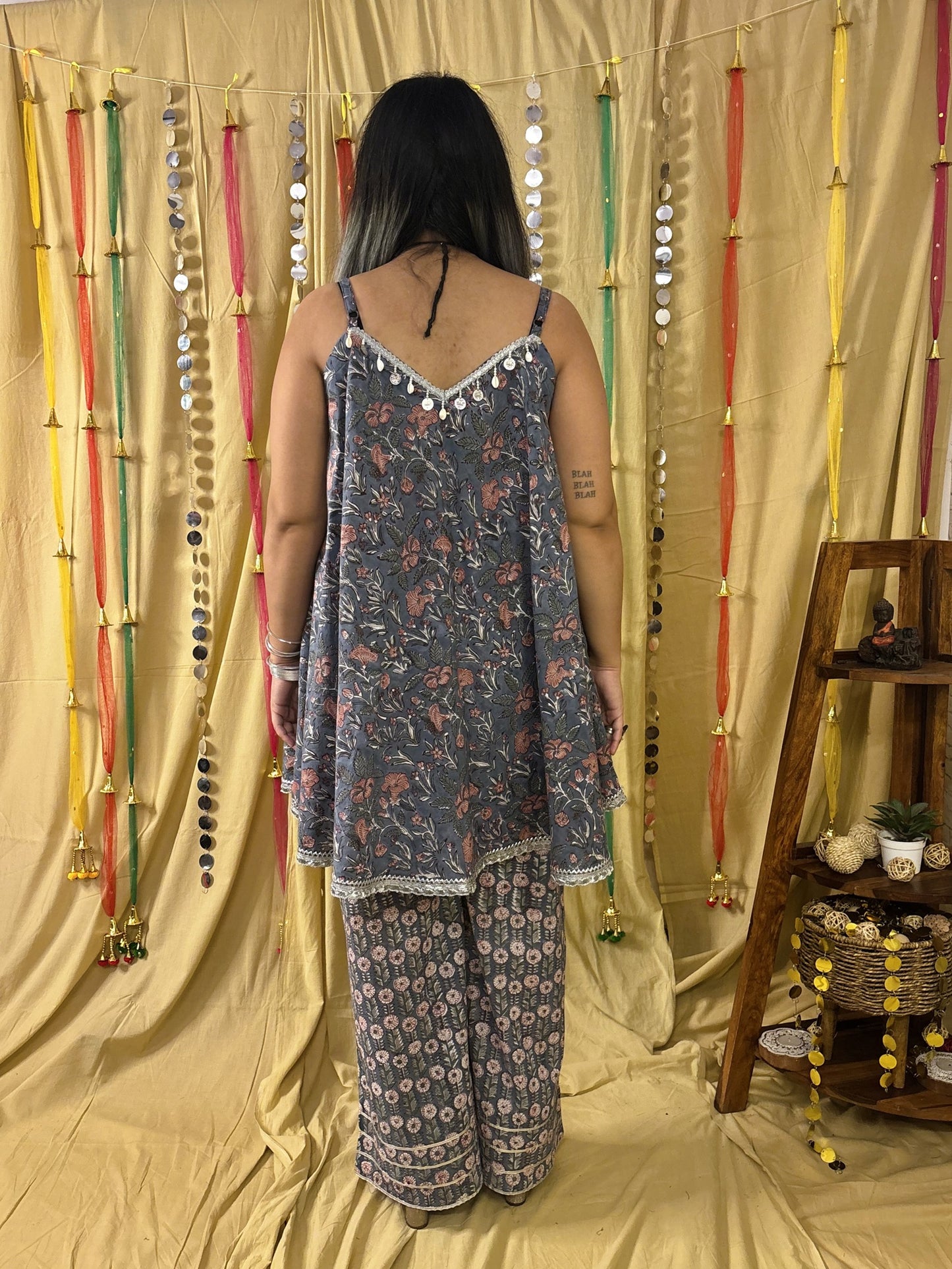 Nilofer Hand Block Printed Flared Top with Fit Flare Pants