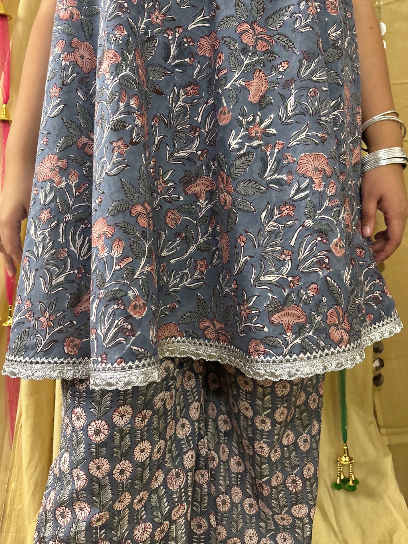 Nilofer Hand Block Printed Flared Top with Fit Flare Pants