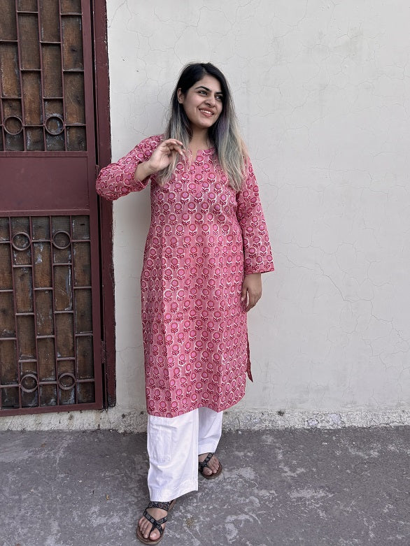 Lychee Pink Hand Block Printed Cotton Long Kurta