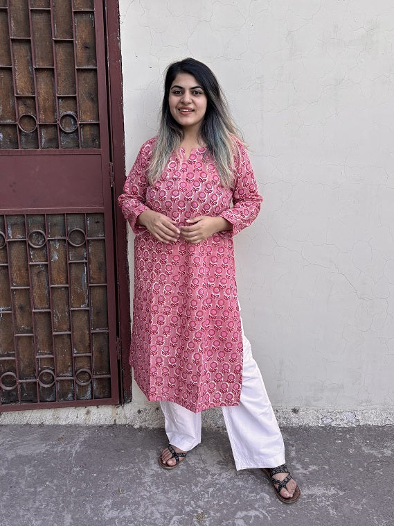 Lychee Pink Hand Block Printed Cotton Long Kurta