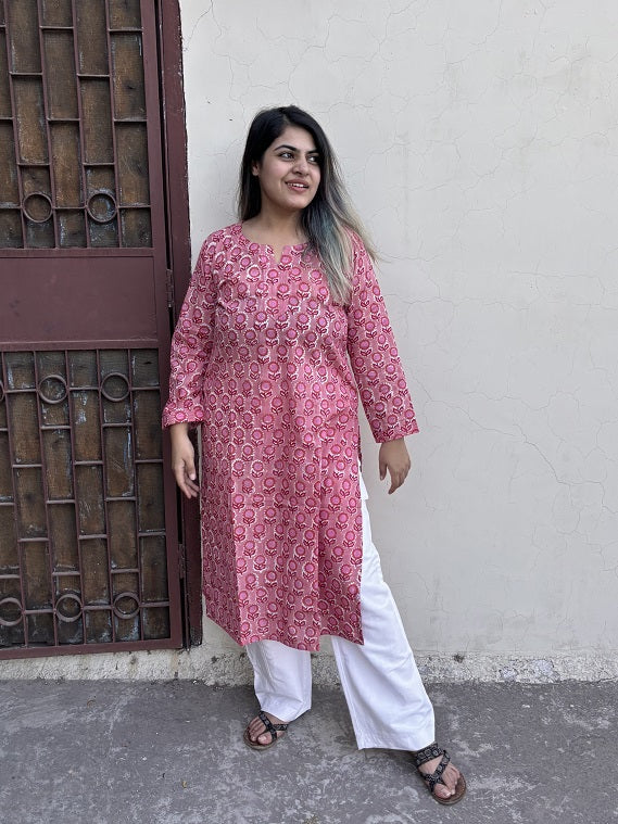 Lychee Pink Hand Block Printed Cotton Long Kurta