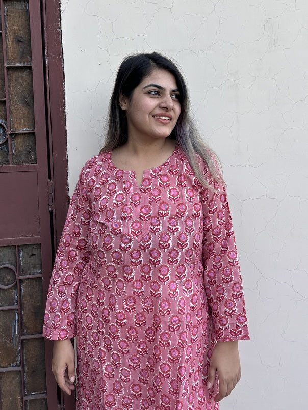 Lychee Pink Hand Block Printed Cotton Long Kurta
