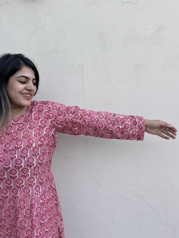 Lychee Pink Hand Block Printed Cotton Long Kurta