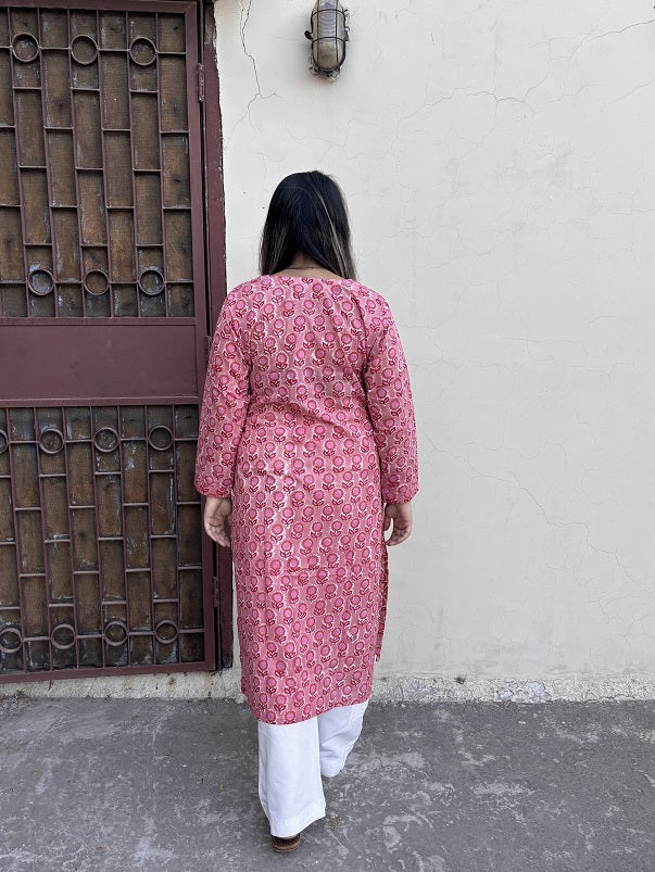 Lychee Pink Hand Block Printed Cotton Long Kurta
