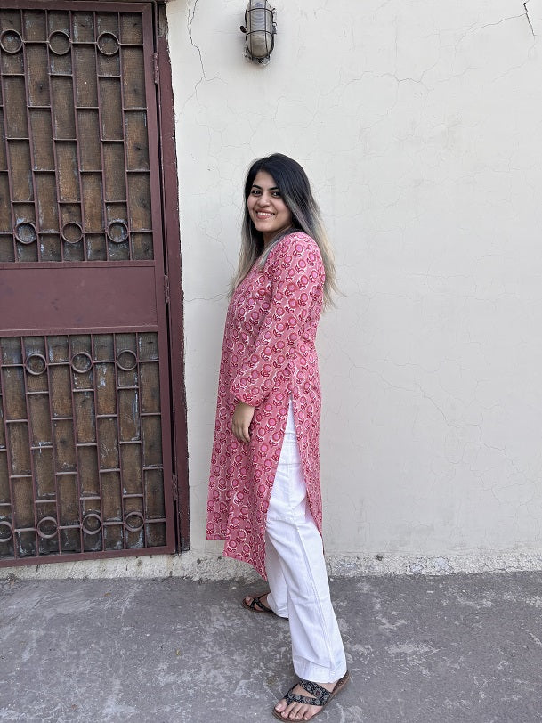 Lychee Pink Hand Block Printed Cotton Long Kurta
