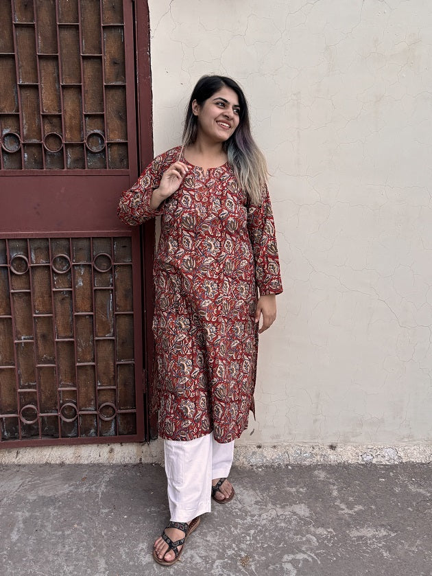 Kalamkari Floral Hand Block Printed Cotton Long Kurta