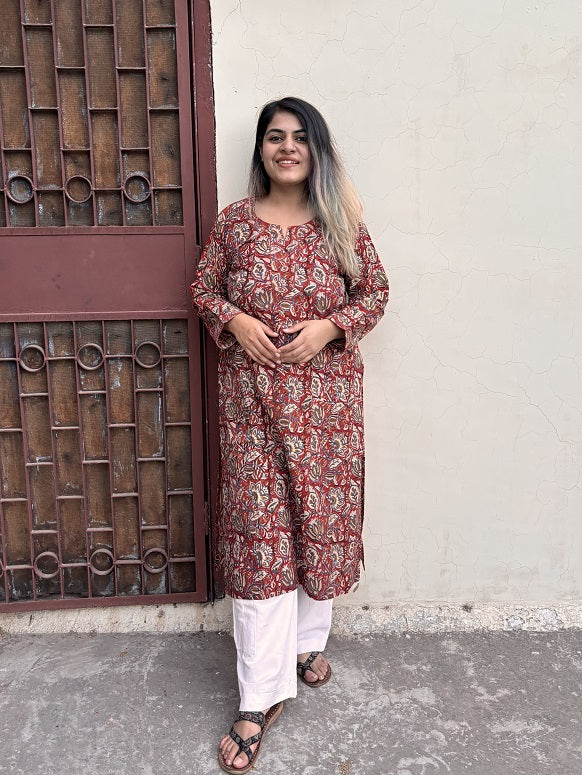Kalamkari Floral Hand Block Printed Cotton Long Kurta