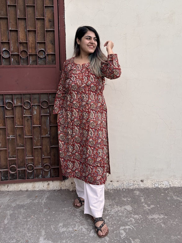 Kalamkari Floral Hand Block Printed Cotton Long Kurta