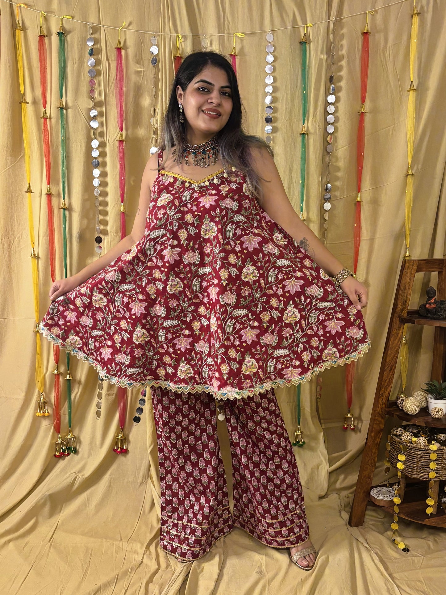 Gulaal Hand Block Printed Flared Top with Fit Flare Pants