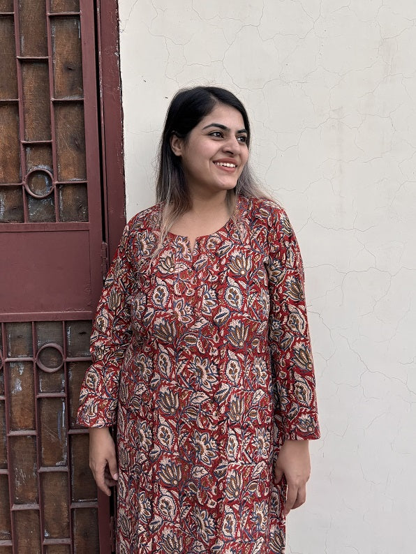 Kalamkari Floral Hand Block Printed Cotton Long Kurta