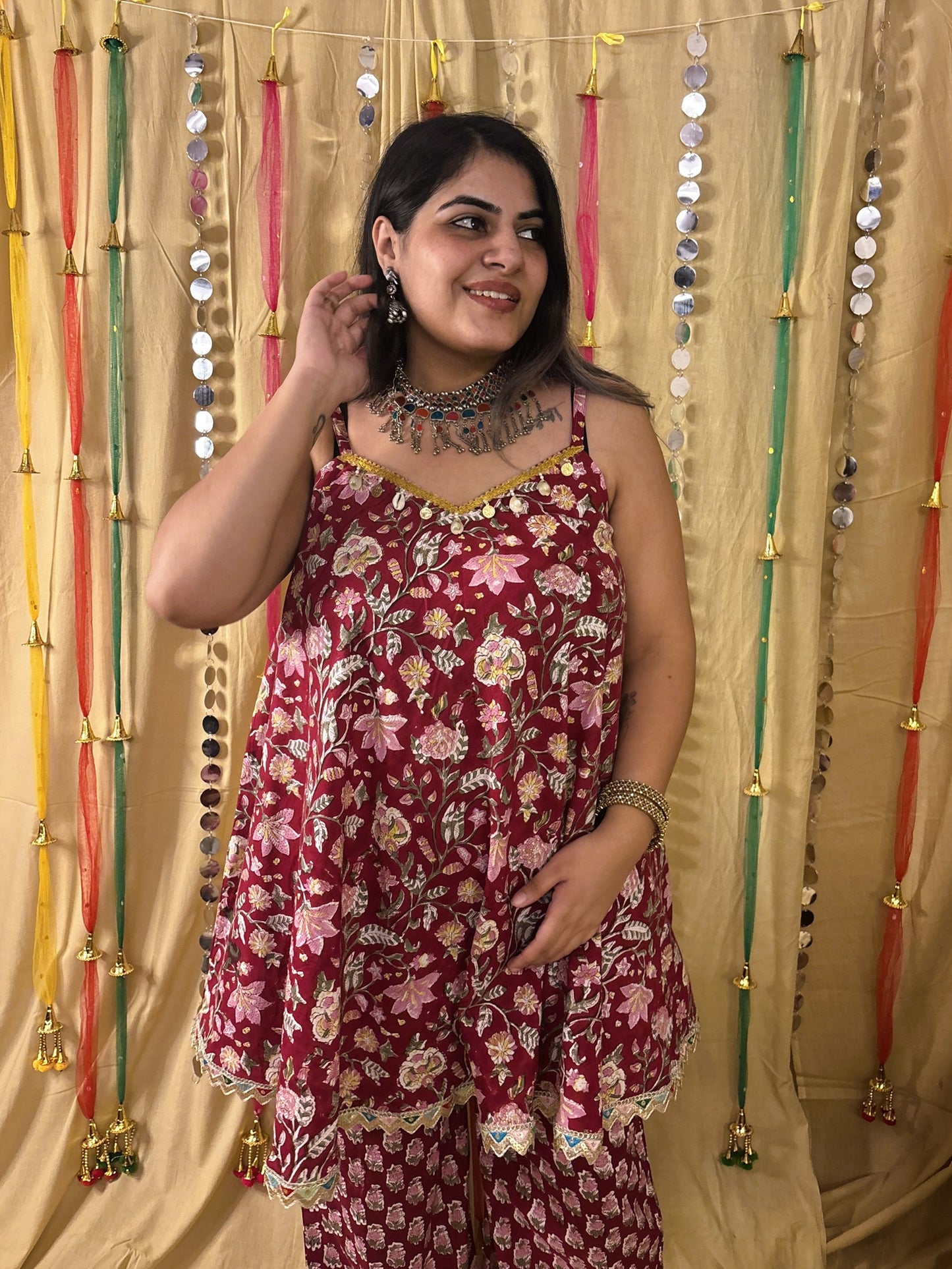 Gulaal Hand Block Printed Flared Top with Fit Flare Pants