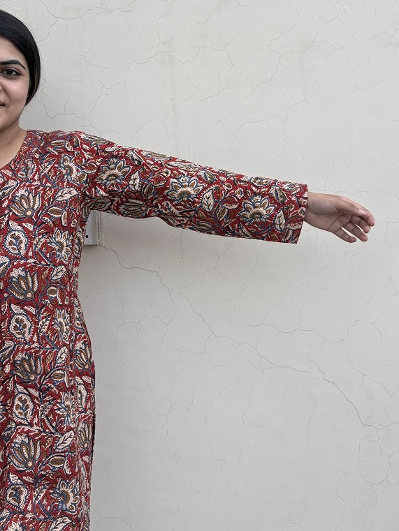 Kalamkari Floral Hand Block Printed Cotton Long Kurta