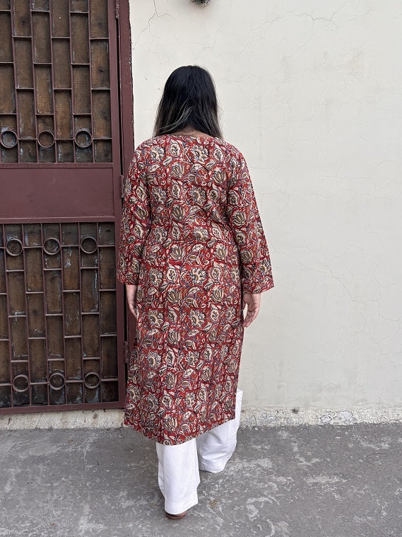 Kalamkari Floral Hand Block Printed Cotton Long Kurta