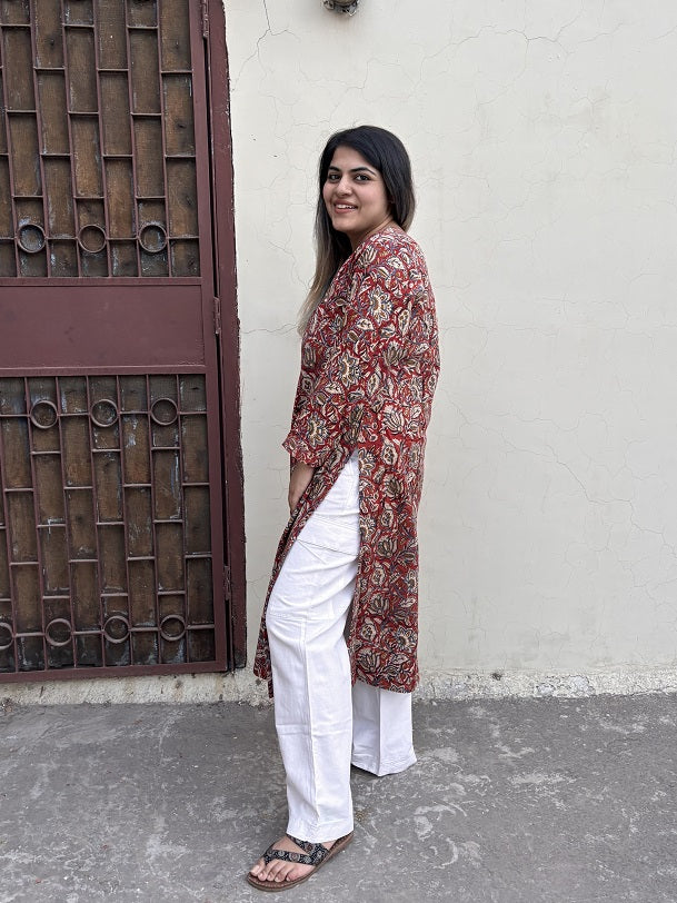 Kalamkari Floral Hand Block Printed Cotton Long Kurta