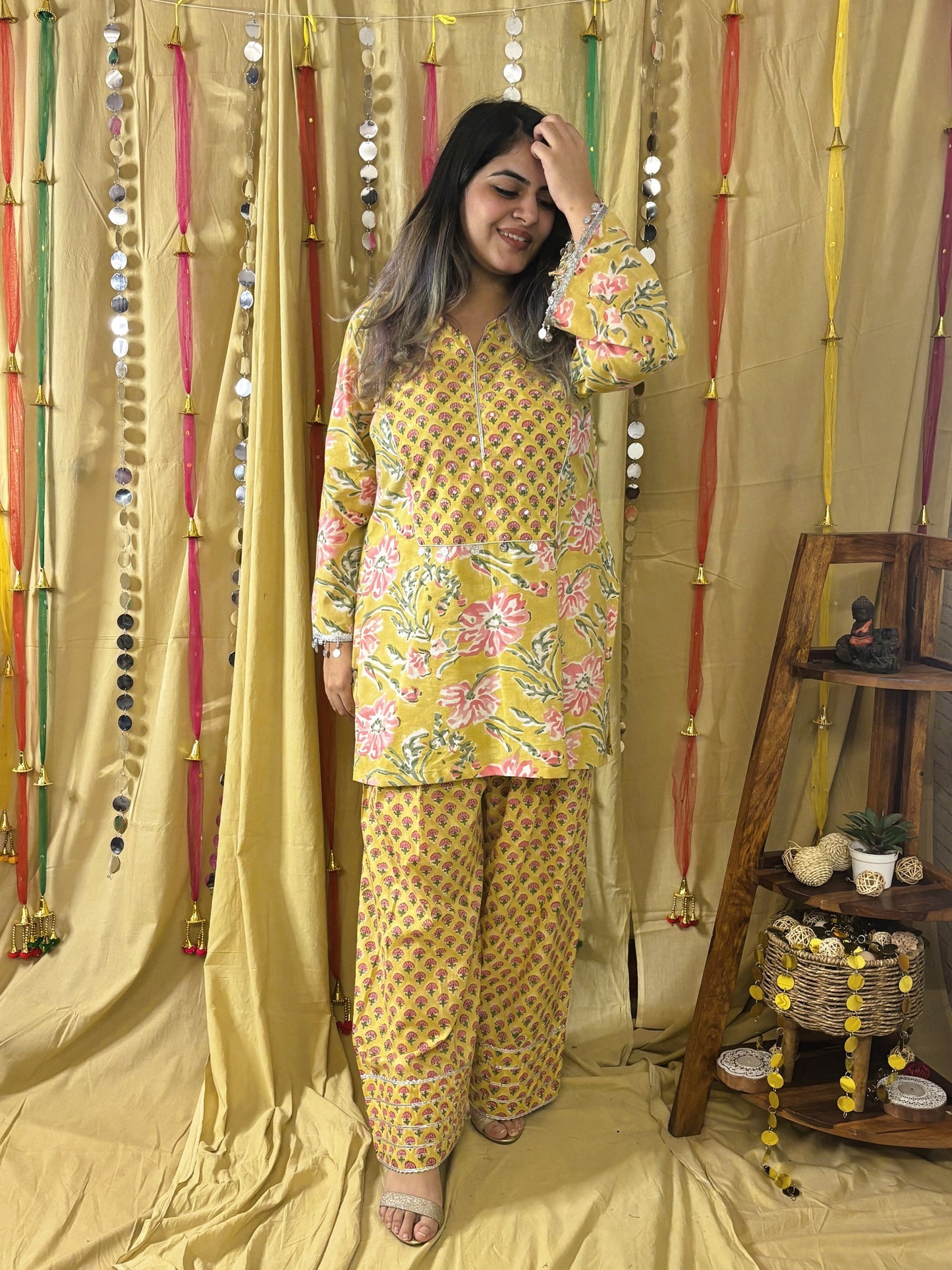 Feroza Hand Block Printed Short Kurti with Farshi Salwar