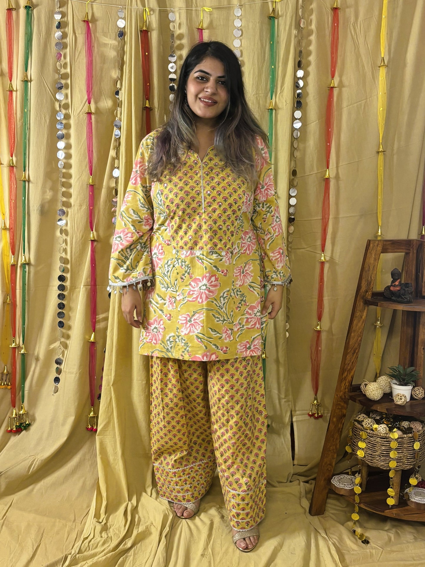 Feroza Hand Block Printed Short Kurti with Farshi Salwar