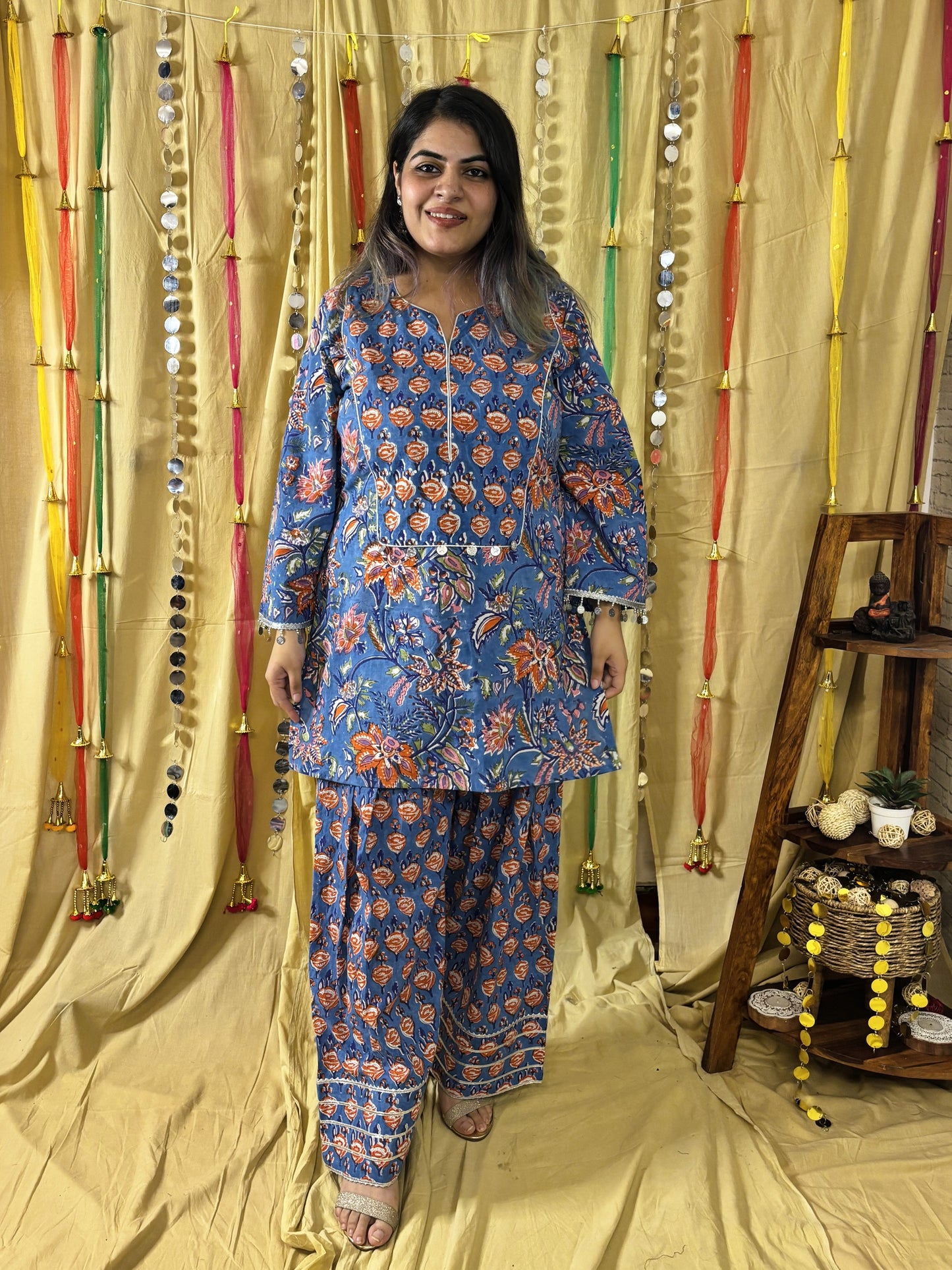 Anayra Hand Block Printed Short Kurti with Farshi Salwar