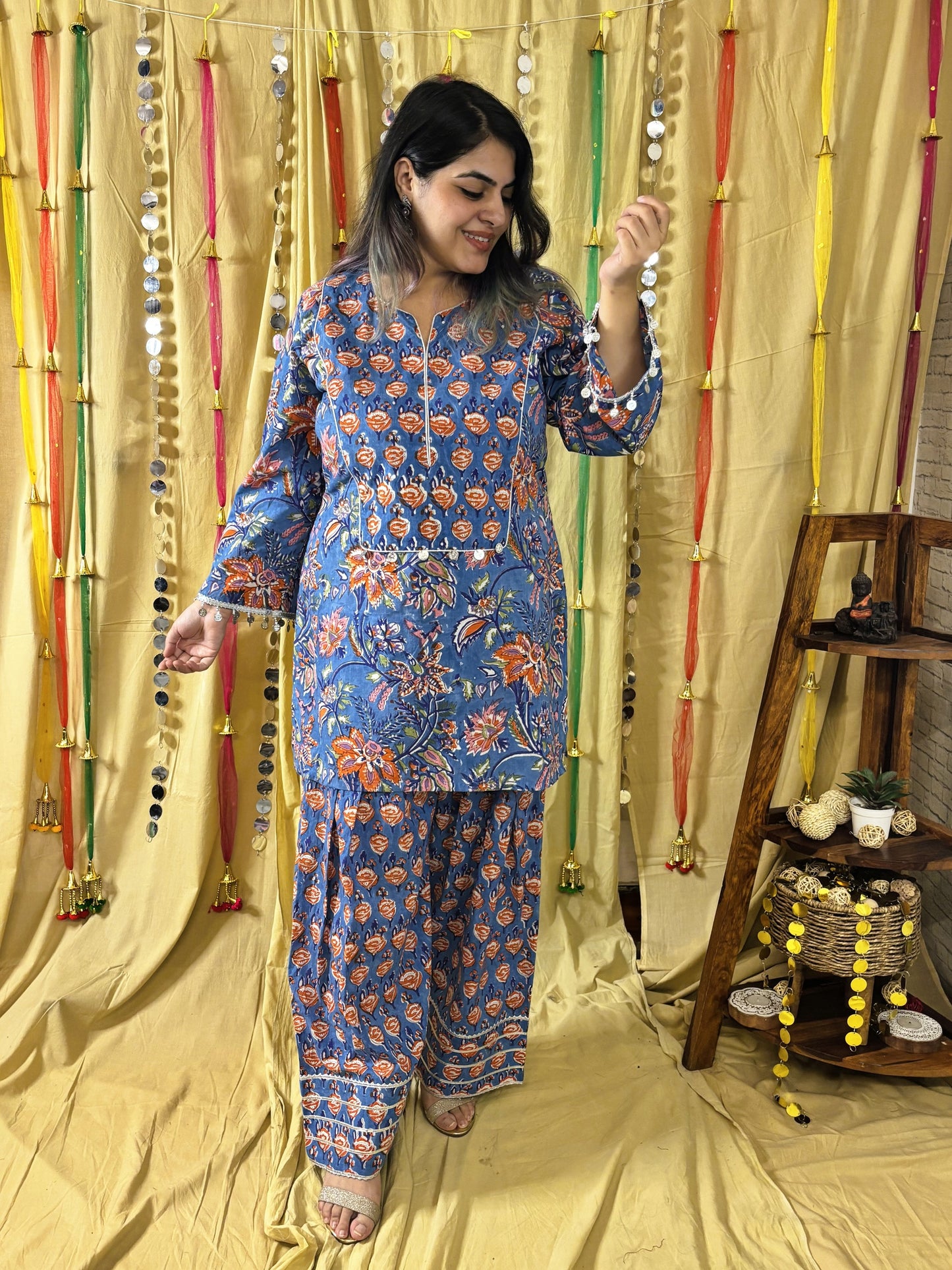 Anayra Hand Block Printed Short Kurti with Farshi Salwar
