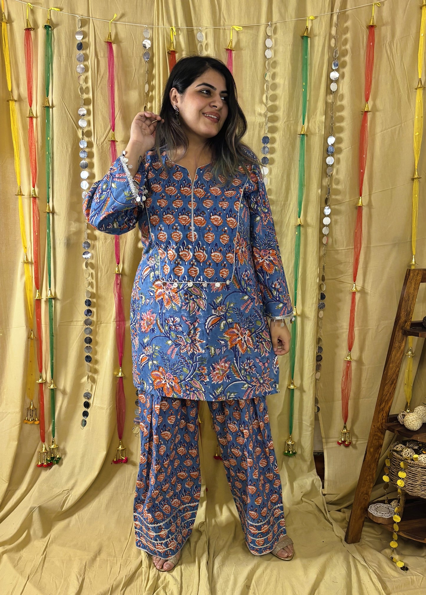 Anayra Hand Block Printed Short Kurti with Farshi Salwar