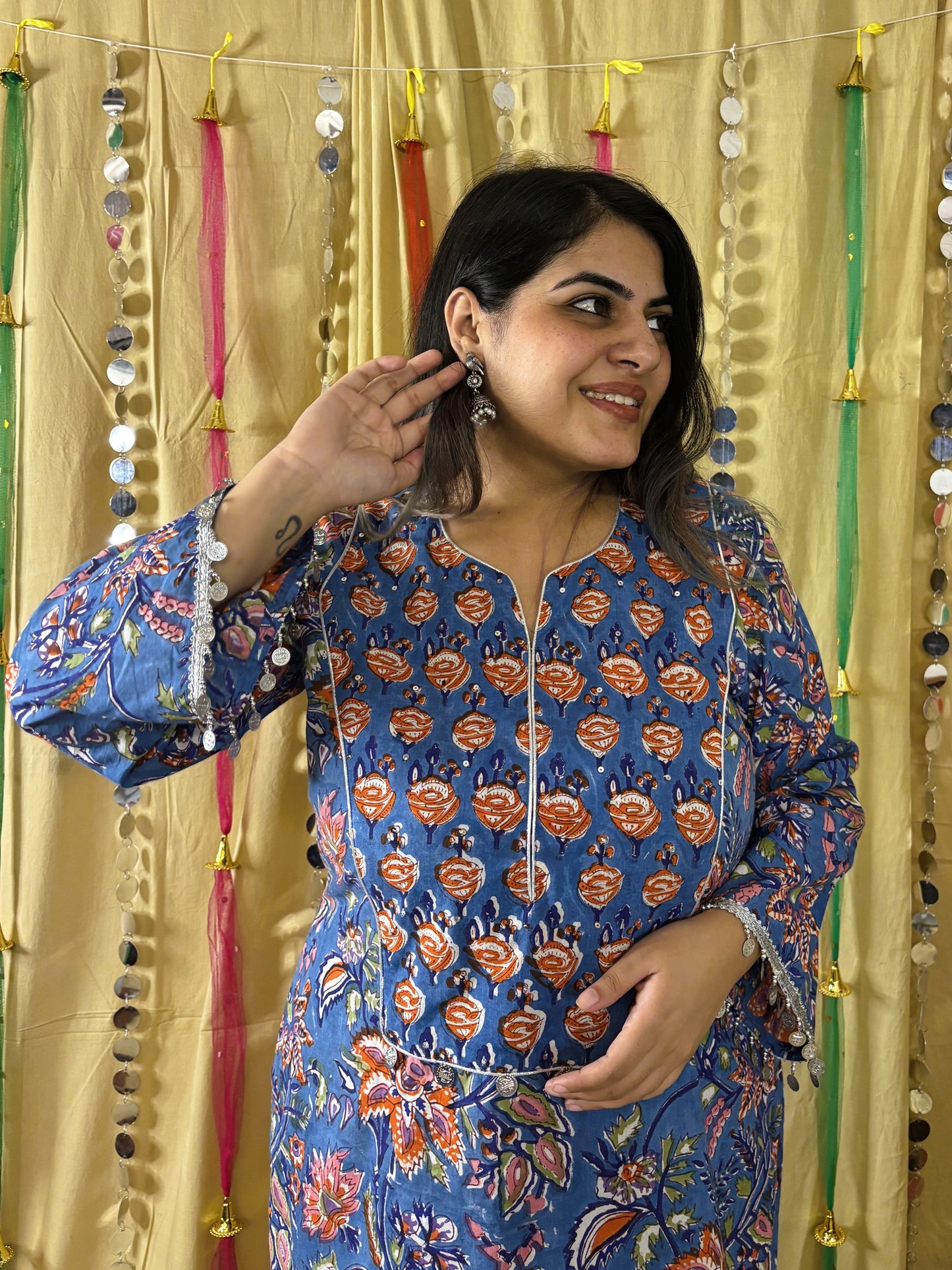 Anayra Hand Block Printed Short Kurti with Farshi Salwar