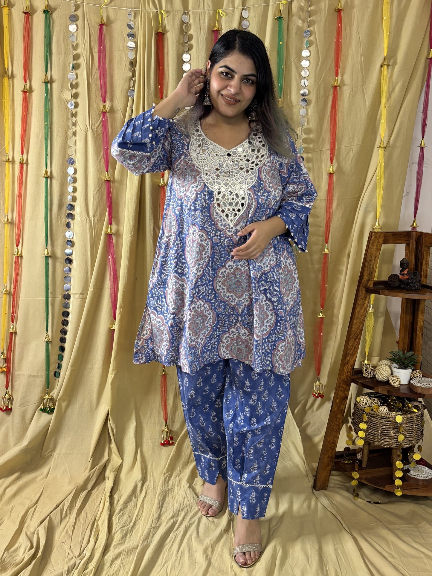 Falak Hand Block printed Choga Cut Short Kurti with Afghani Salwar