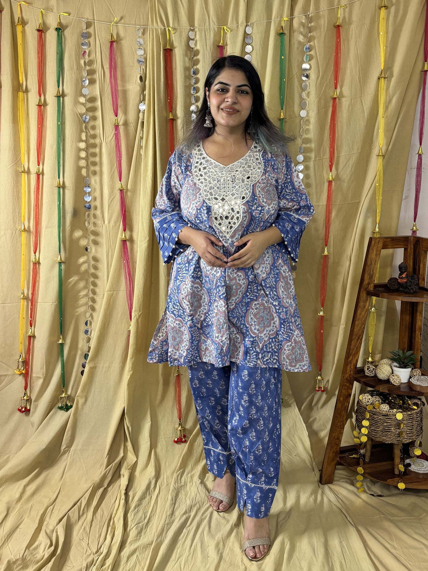 Falak Hand Block printed Choga Cut Short Kurti with Afghani Salwar