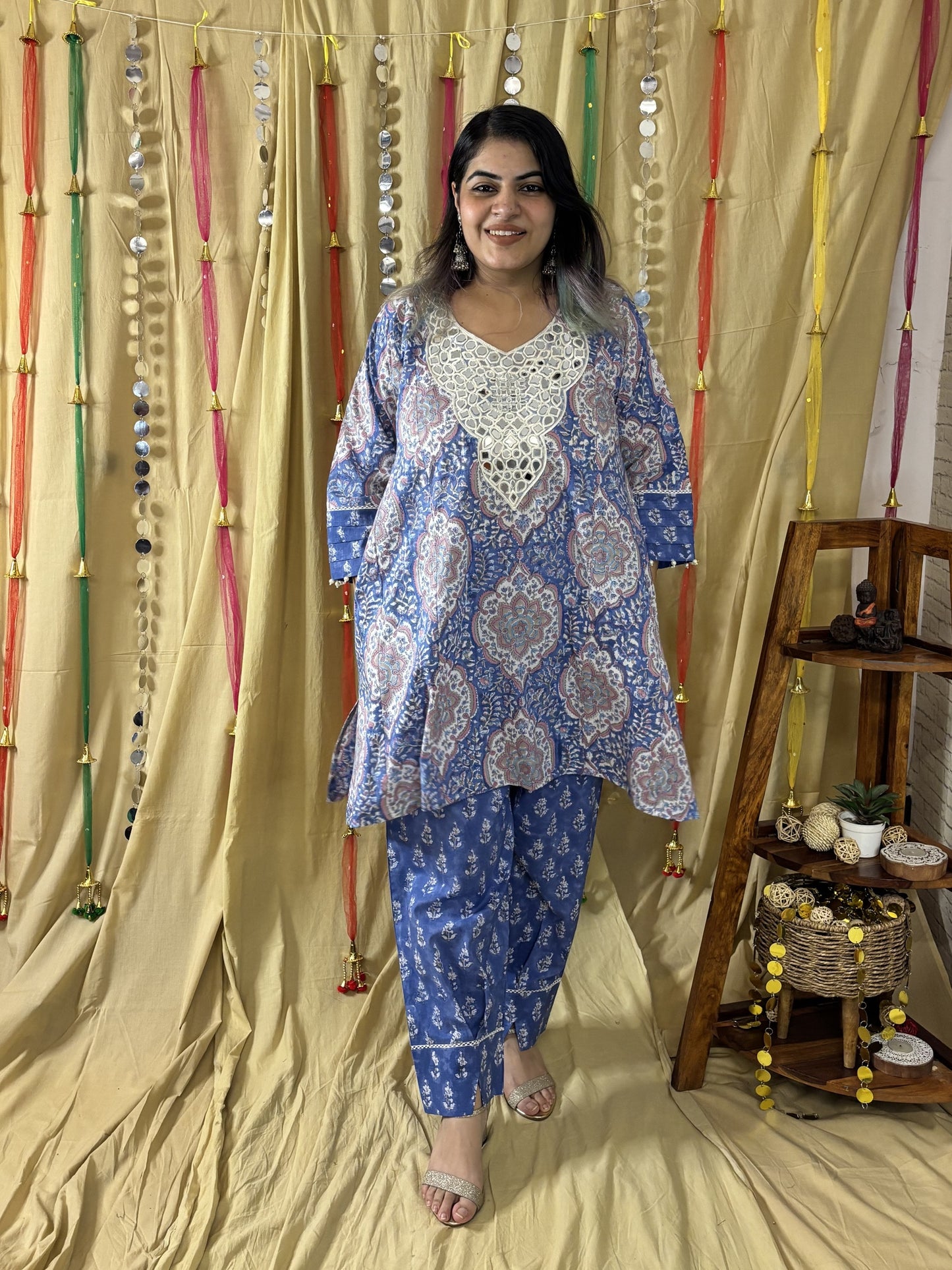 Falak Hand Block printed Choga Cut Short Kurti with Afghani Salwar