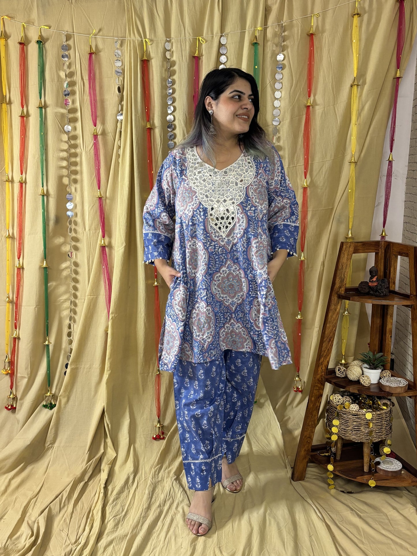 Falak Hand Block printed Choga Cut Short Kurti with Afghani Salwar