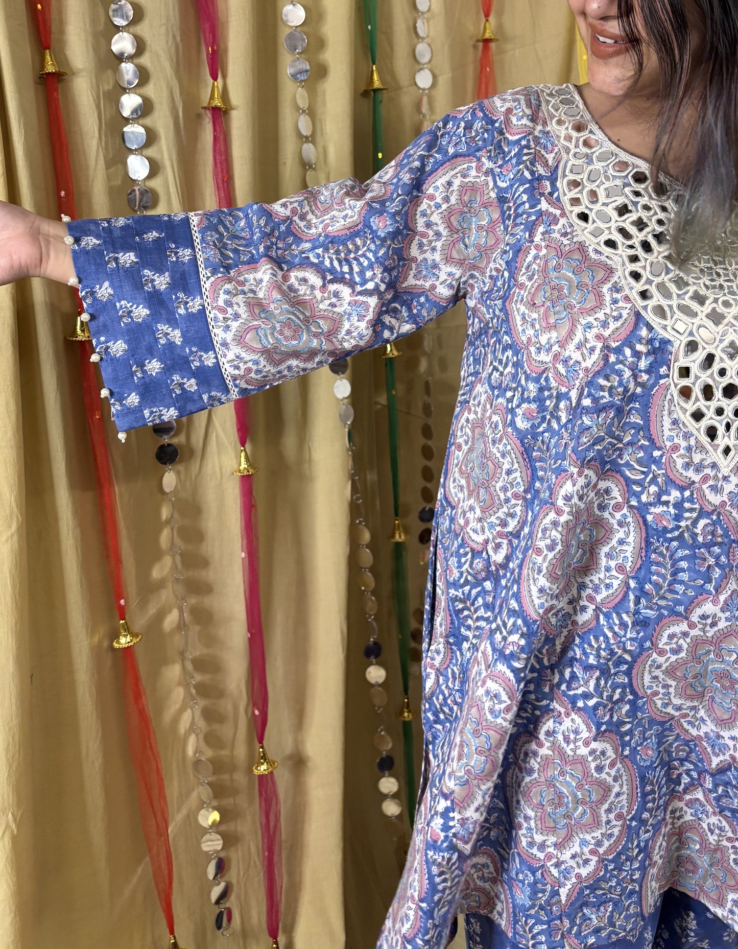 Falak Hand Block printed Choga Cut Short Kurti with Afghani Salwar
