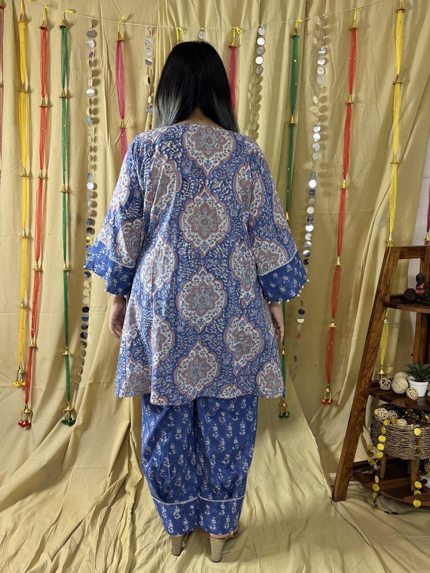 Falak Hand Block printed Choga Cut Short Kurti with Afghani Salwar