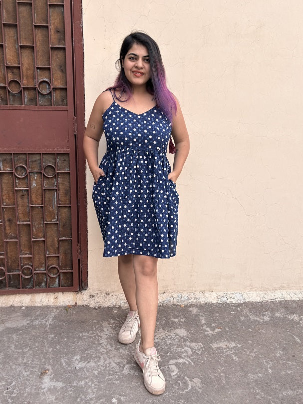 Deep Blue Sea Hand Block Printed Knee Length Dress with Shoulder Tie