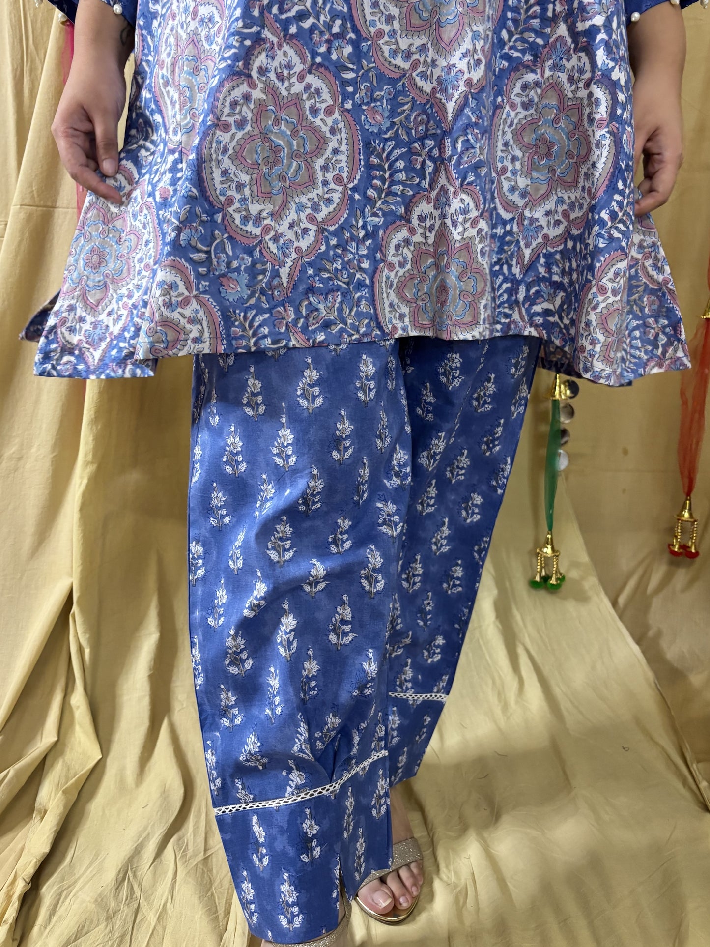Falak Hand Block printed Choga Cut Short Kurti with Afghani Salwar
