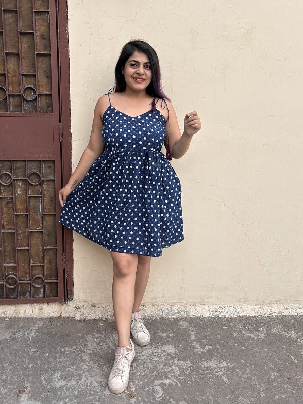 Deep Blue Sea Hand Block Printed Knee Length Dress with Shoulder Tie