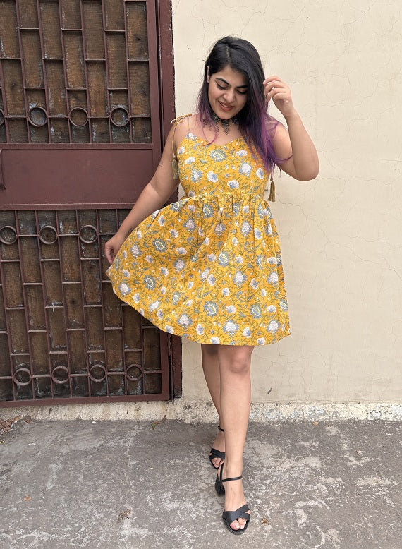 Surajmukhi Hand Block Printed Knee Length Dress with Shoulder Tie