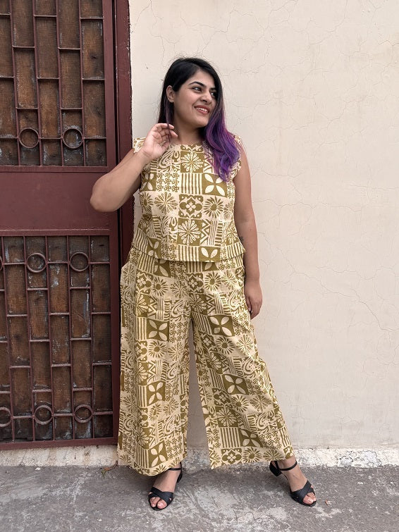 Olive Green Tiles Coord Set with Sleeveless Top and High waist Plazzo
