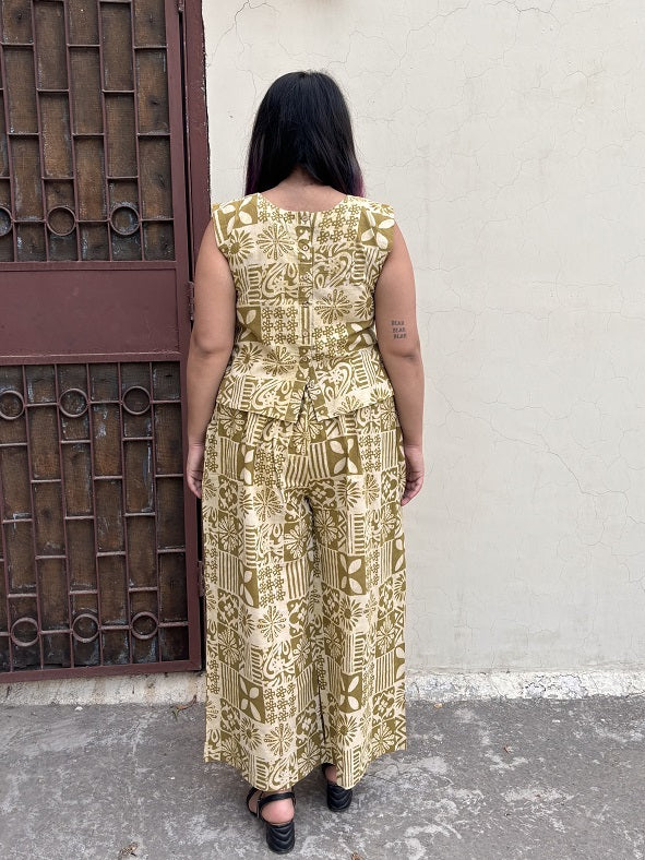 Olive Green Tiles Coord Set with Sleeveless Top and High waist Plazzo