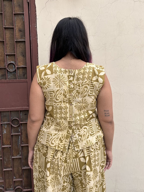 Olive Green Tiles Coord Set with Sleeveless Top and High waist Plazzo