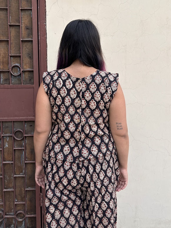 Black Bagru Coord Set with Sleeveless Top and High waist Plazzo