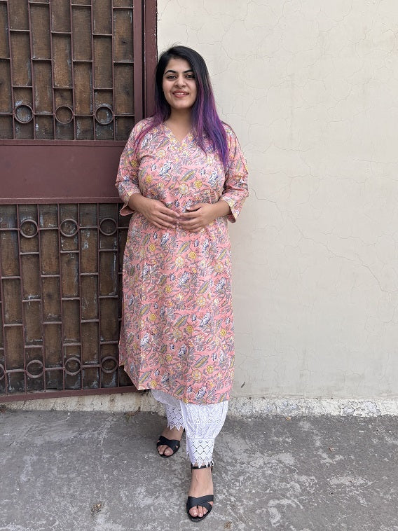 Peach Floral Hand Block Printed Kurta with V Neck