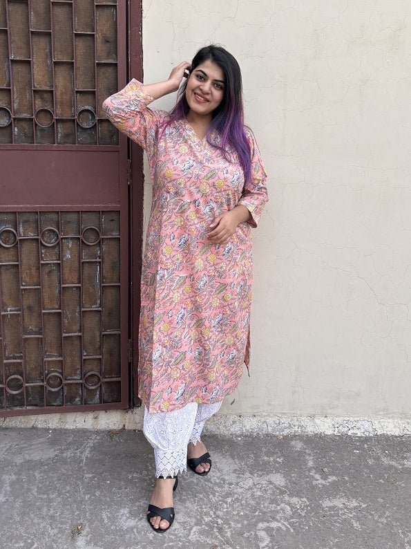 Peach Floral Hand Block Printed Kurta with V Neck